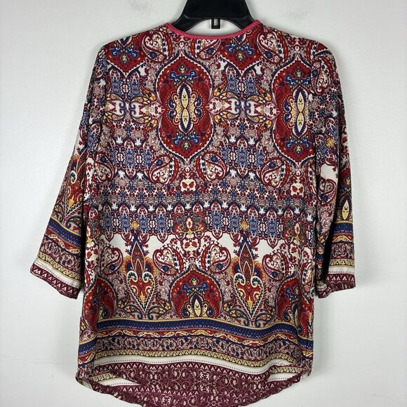 Womens Boho Peasant Blouse Popover 3/4 Sleeve Red Sz Small Colorful Hippie - Picture 4 of 6